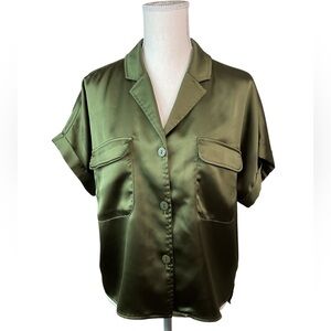 Rachel Zoe Olive Green Satin Short Sleeve Button Front Blouse XL